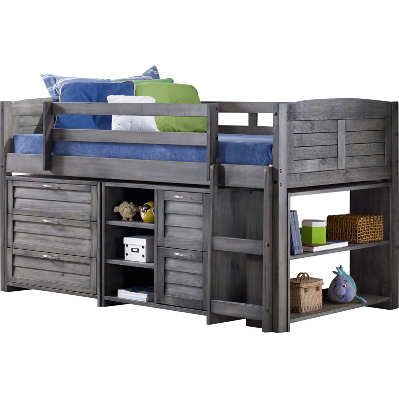 Evan Twin Low Loft Slat Bed with Bookcase, Chest and Shelves and Drawer